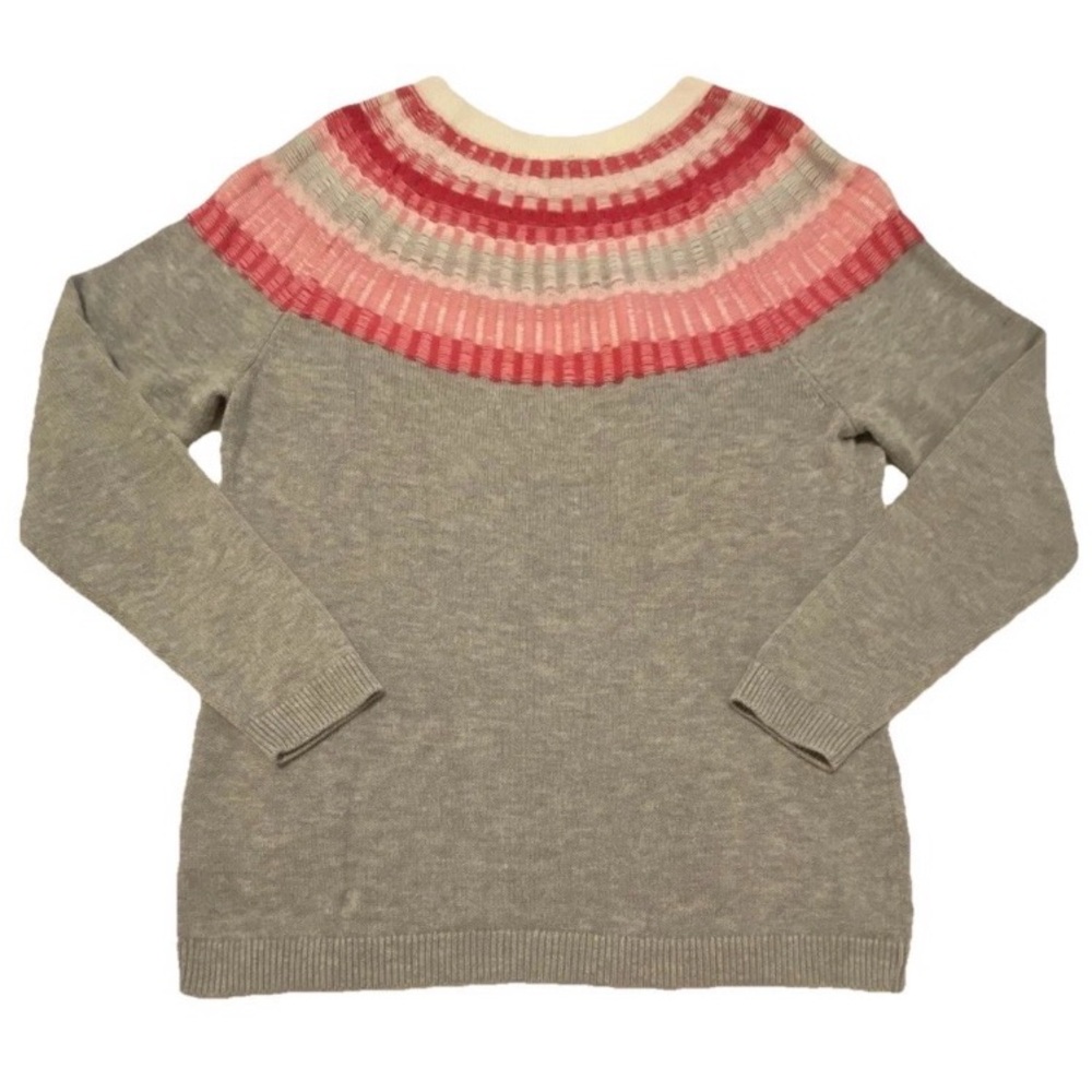 Talbots Pink & Grey Rib Yoke Fair Isle Crewneck PM Sweater - Picture 3 of 8